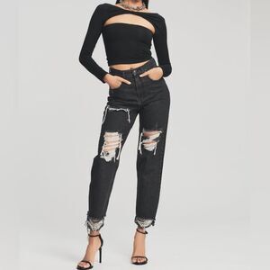 NWT Retrofête Maggie Jeans Size 31 Straight in Onyx Jet Black Heavily Distressed